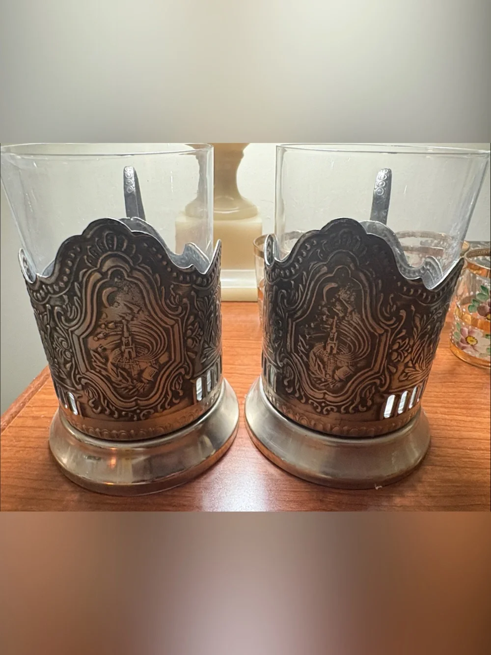 RARE Two Russian “Space” Nickel Glass Tea Cup Wine Holders  podstakanniki